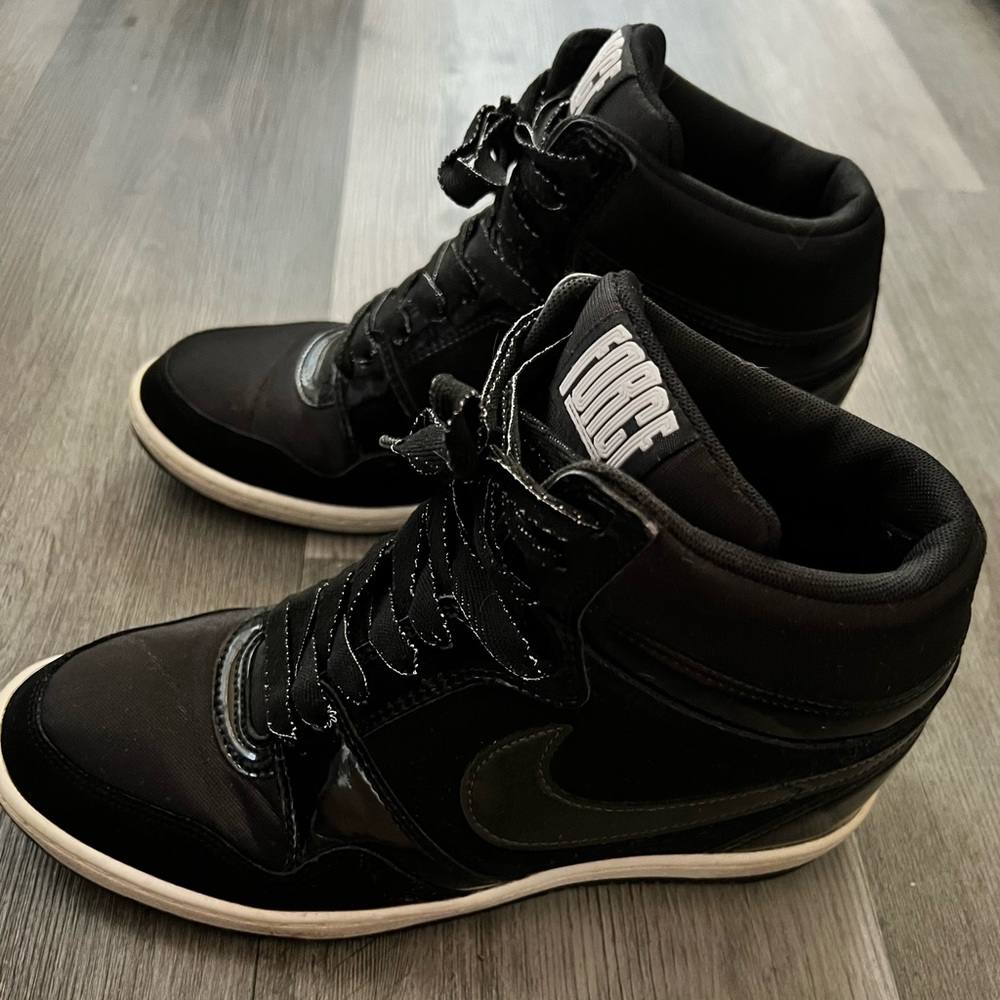 Nike Force Sky high black patent  with hidden wedge high tops